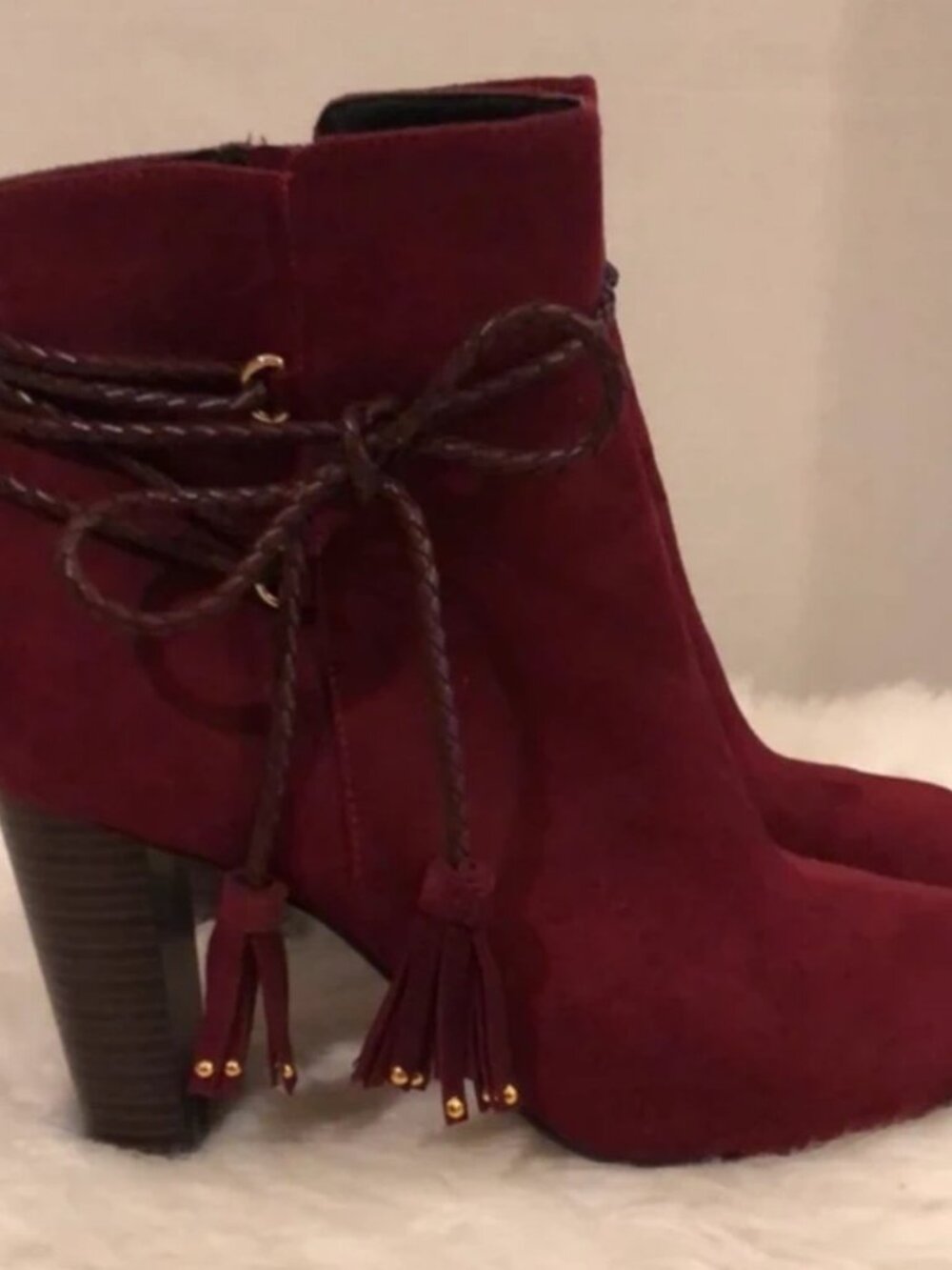 Thalia Sodi wine ankle boat, braided tassel wrap 3 1/2 inch stack heel US size 6